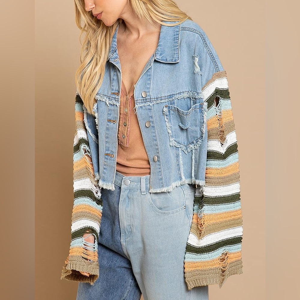 064. POL Distressed Oversized Crop Denim Ripped Stripe Crochet Sleeve Jacket